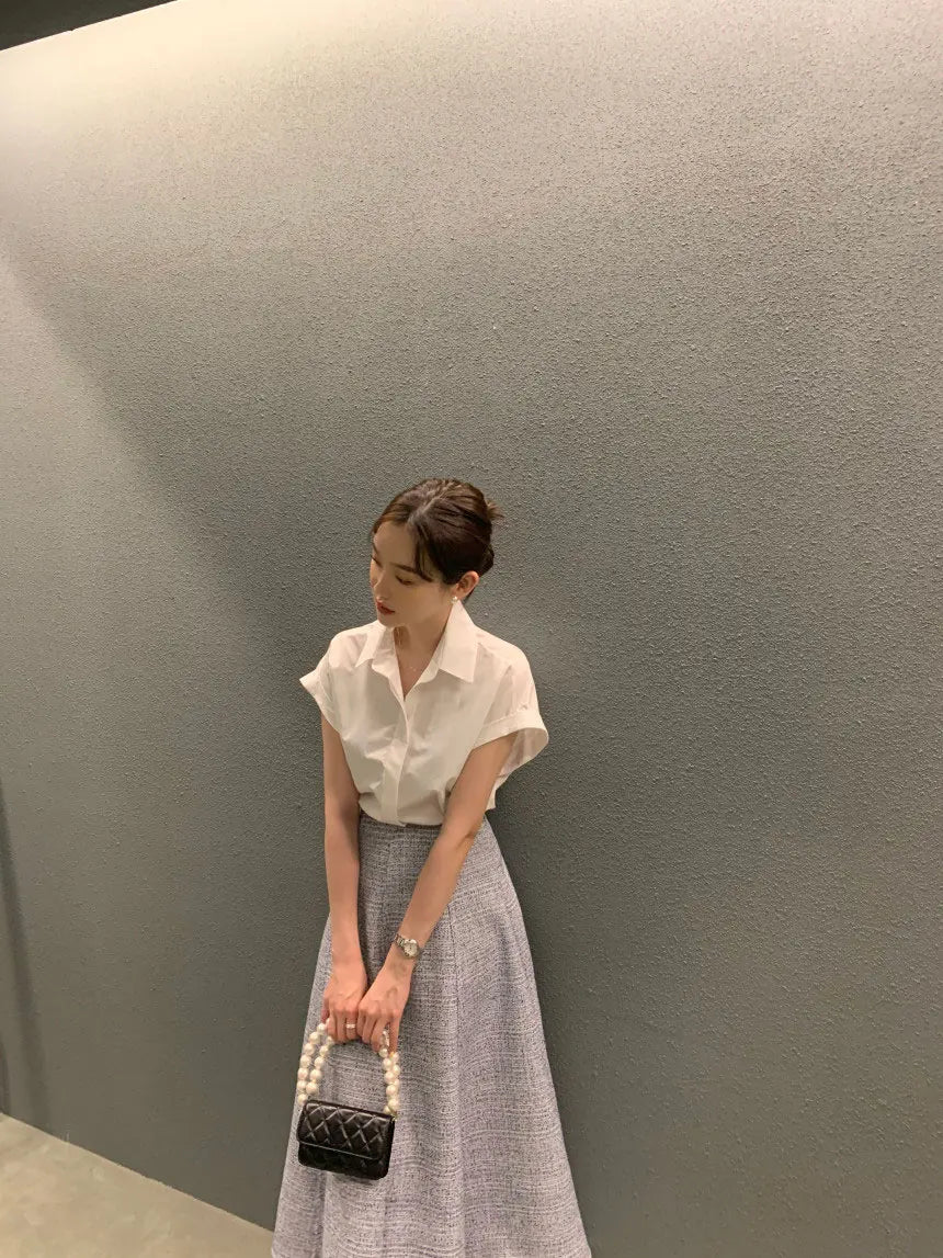 Chic Summer Loose Women’s Shirt | Classic Pure Color Professional Blouse with Small Lapel Collar