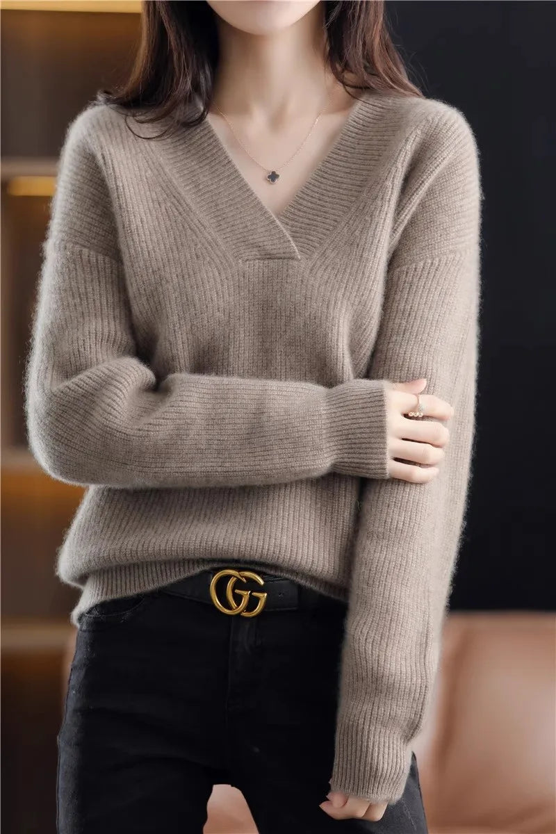 Autumn Winter Women’s V-Neck Knit Sweater – Solid Loose Pullover Soft Warm Casual Top