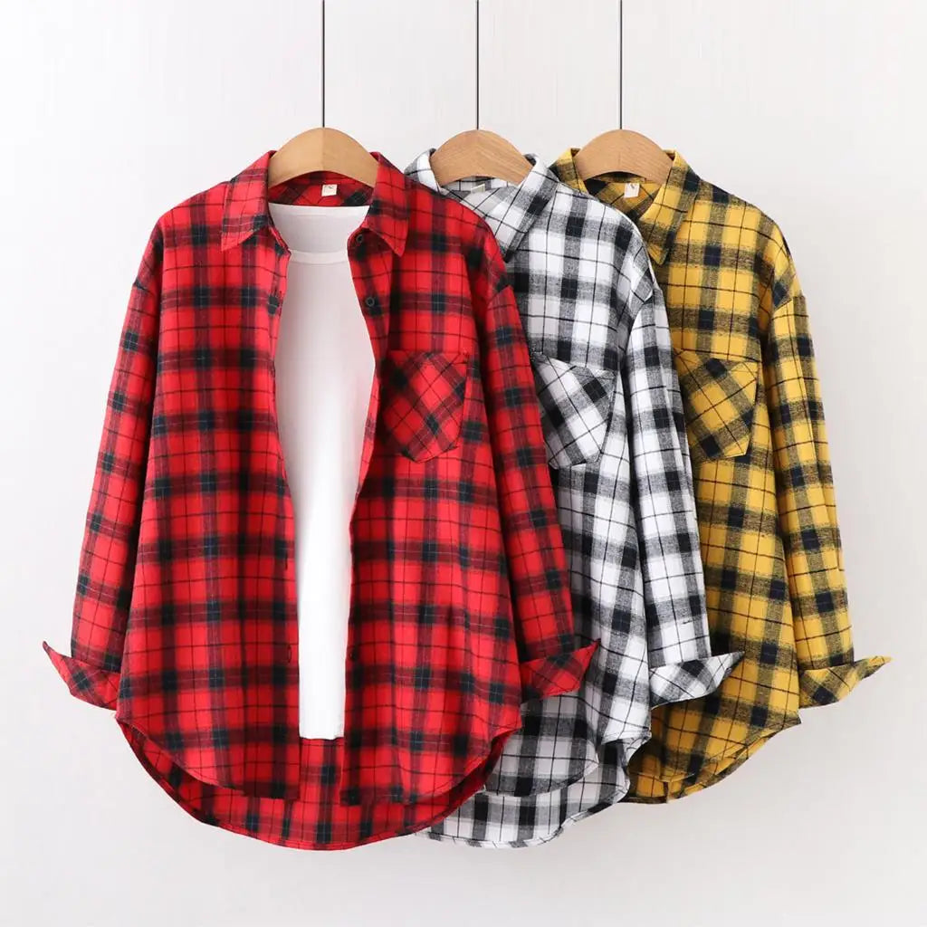 Fresh Flannel Plaid Shirt for Women | 2025 Loose Cotton Long Sleeve Casual Blouse & Top