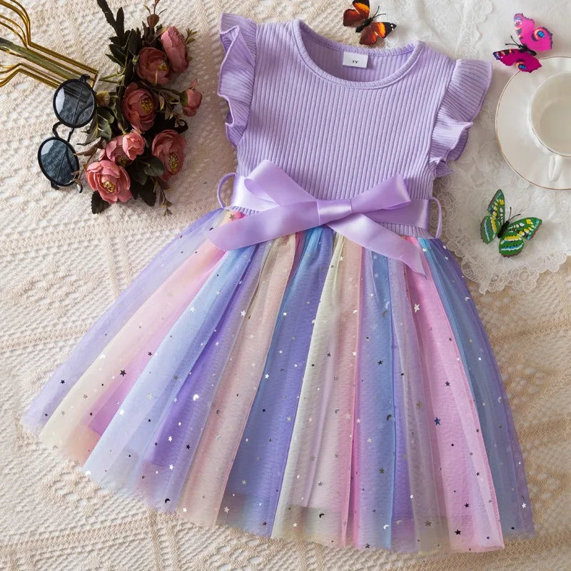 ✨ Hello Kitty Girls Sequins Dress 🎀 Rainbow Tulle Princess Dress 🌈 Toddler Birthday Party Outfit 👧 Ages 1–5 Years