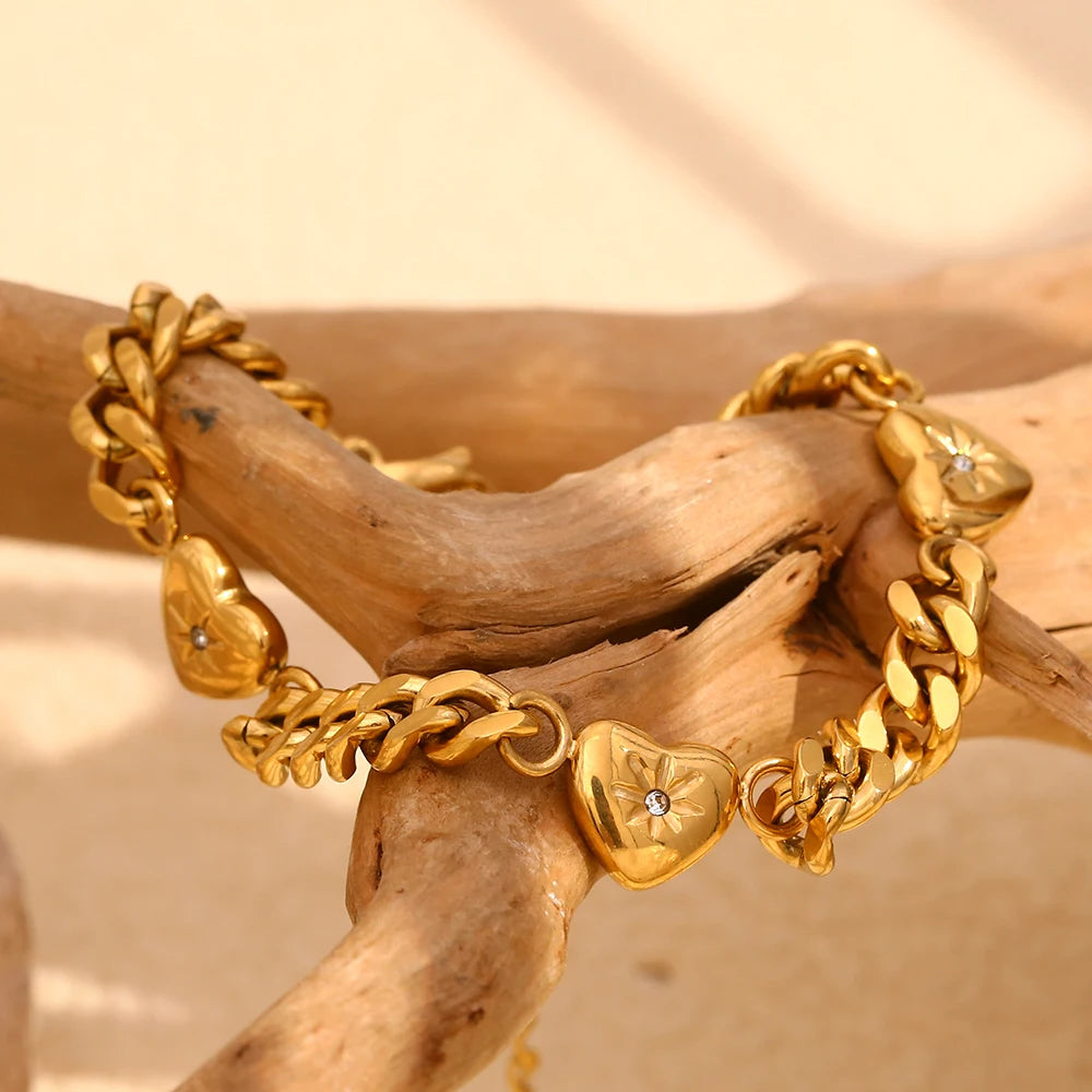 18K Gold Plated Stainless Steel Ocean Heart Cuban Chain Bracelet for Women – Zircon Paved Bangle