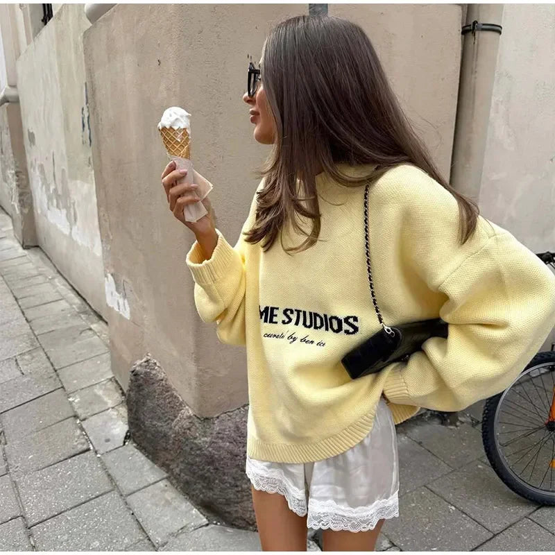 2025 Women’s Oversize Knitted Top | Full Sleeve Round Neck Pleated Loose Sweater | Autumn Daily Streetwear