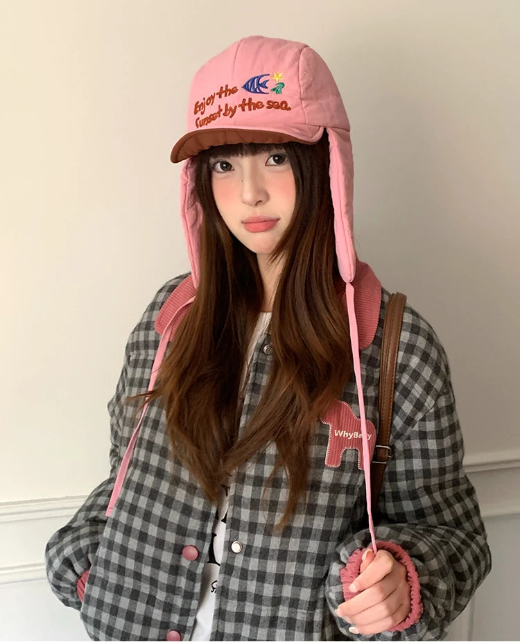 Korean Cute Alphabet Embroidery Thickened Lei Feng Hat Women's Winter Outdoor Cycling Warm Ear Hat Ski Hat