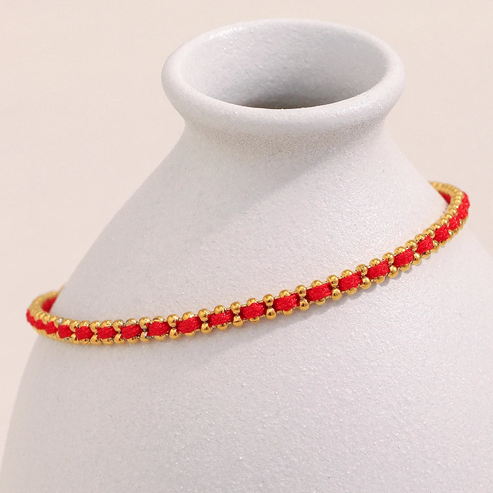 E.B.belle Lucky Red Rope Bracelet | 18K Gold Plated Stainless Steel Round Beads Unisex Fashion Jewelry Gift