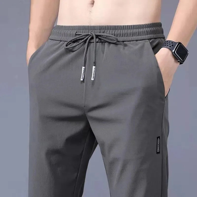 Ice Silk Men’s Pants 2023 – Black & Gray Summer Casual Business Straight Leg Sweatpants