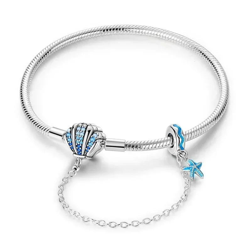925 Silver Bracelet 17–20CM with Butterfly, Flower, Cat, Shell, Moon & Starfish Charms – DIY Birthday Jewelry Gift