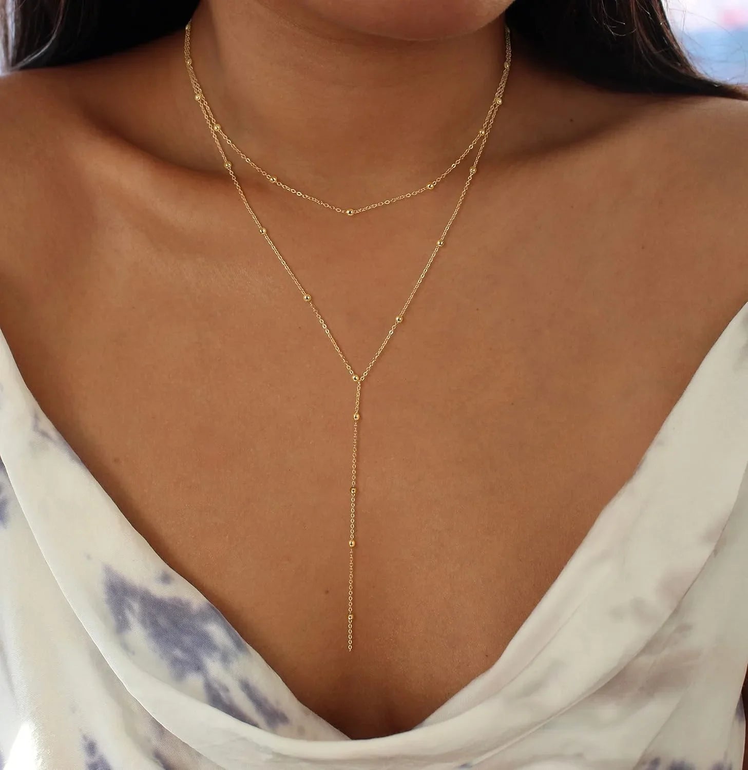 14K Gold Plated Y-Shaped Pendant Necklace for Women | Layered Beaded Chain Silver Drop Necklace Gift