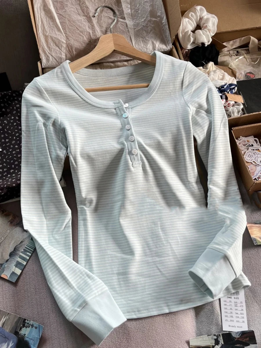 Women’s Pink Striped Slim Long Sleeve Tee | Casual Cotton O-Neck T-Shirt | Sweet Vintage Y2K Top