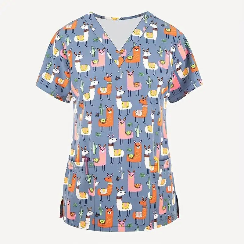 Women’s Medical Scrub Top – Cute Cartoon Print V-Neck Short Sleeve Nurse Dental Uniform 🩺🎀
