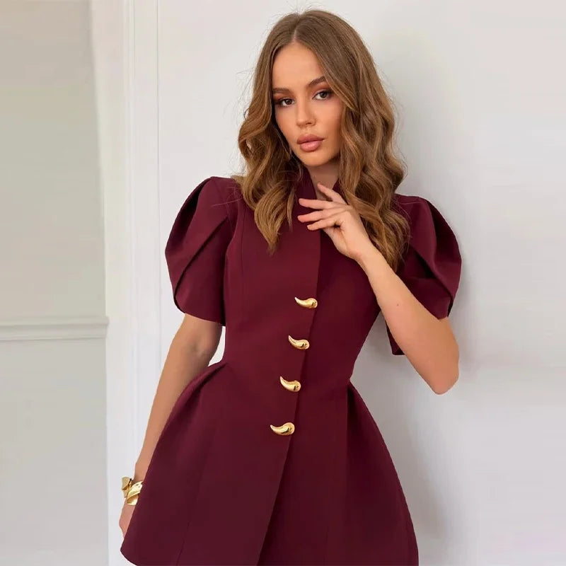 Elegant Chic Women’s 2-Piece Pants Suit – Short Puff Sleeve Single-Breasted Shirt & Straight Flare Pants 2026 Spring 🌿✨