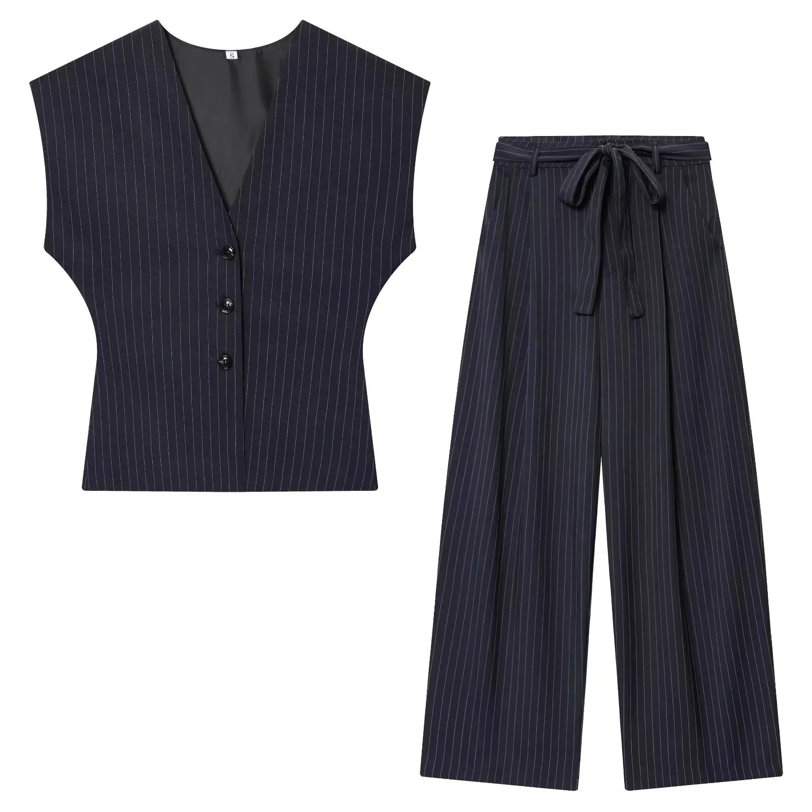 KONDALA Vintage Striped Print Women Suit – V-Neck Slim Vest + High Waist Wide-Leg Pants 2025 Autumn Office Set 🍂👩‍💼✨