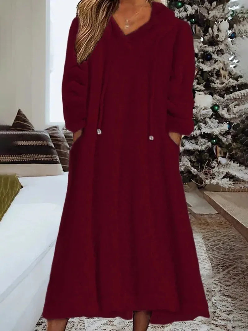 Autumn Winter Plush Hooded Maxi Dress for Women – Casual Long Sleeve Loose Warm Home Wear | Robe Femme