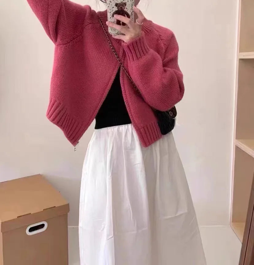 Women's Short Knitted Cardigan 2025 | Autumn Winter Solid Color Zipper Sweater Jacket