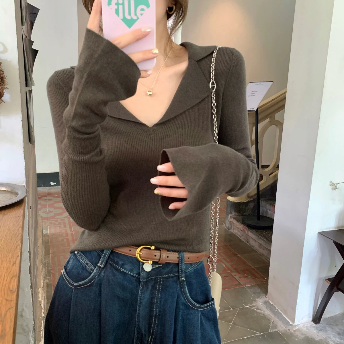 French Style Knitted Long Sleeve V-Neck Collar Sweater – Women’s Winter Base Layer Top | Stretchy Fit for Young Women