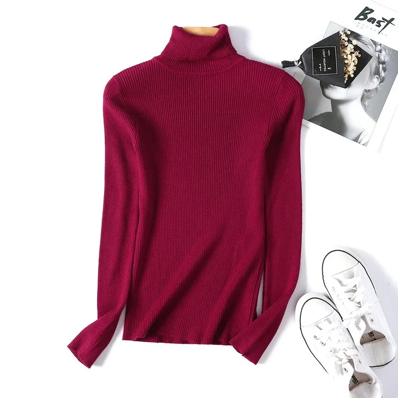 Women’s Knitted Turtleneck Sweater | Autumn Winter Slim Fit Ribbed Polo-Neck Jumper Pullover