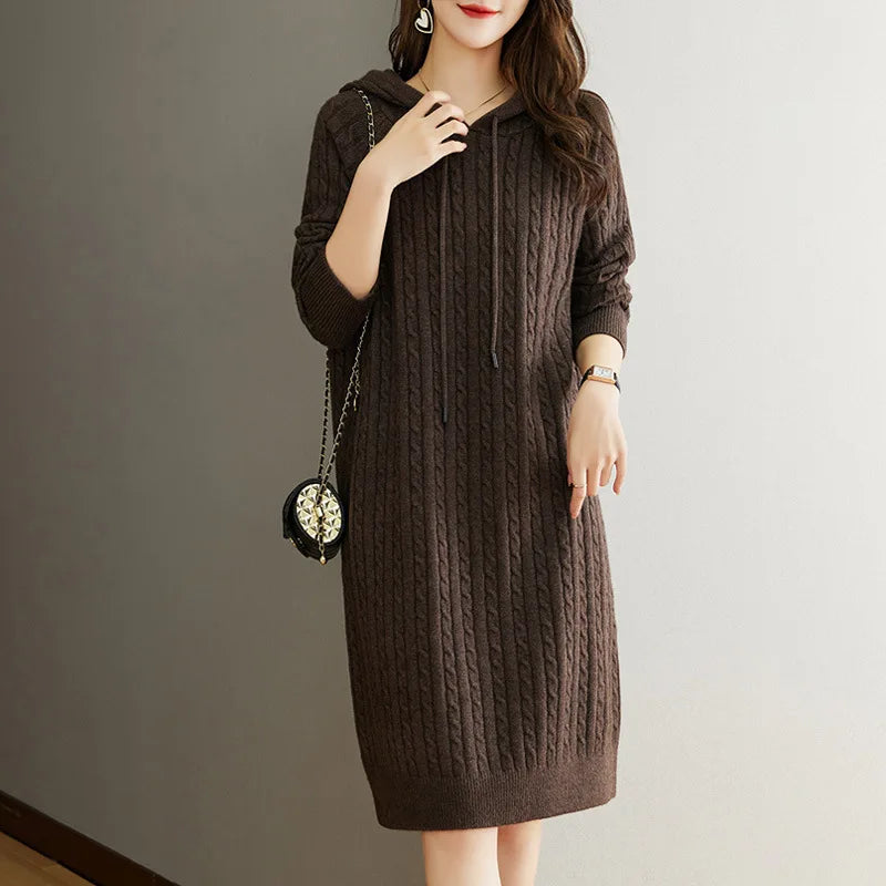 Autumn Winter Women’s Thickened Hooded Sweater Dress – Loose Long Sleeve Knitted Dress for Warm Comfort