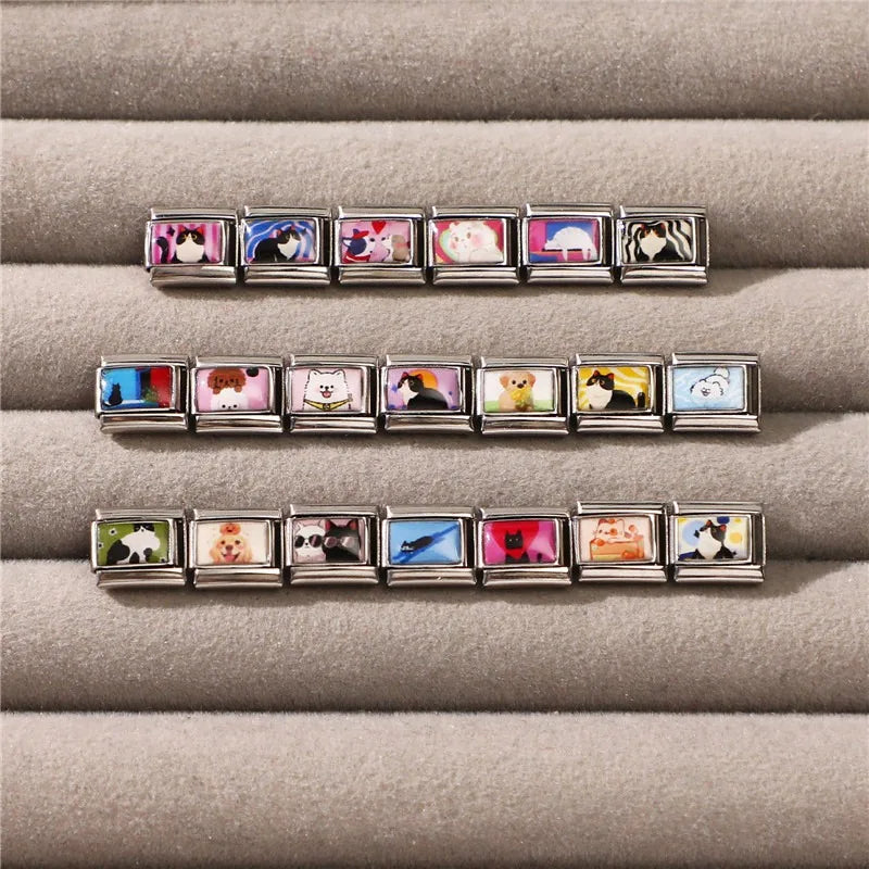 2025 Original Y2K Colorful Cute Cartoon Cats Dogs Italian Charm Links Fit 9mm Stainless Steel Bracelet Men Women DIY Making Gift