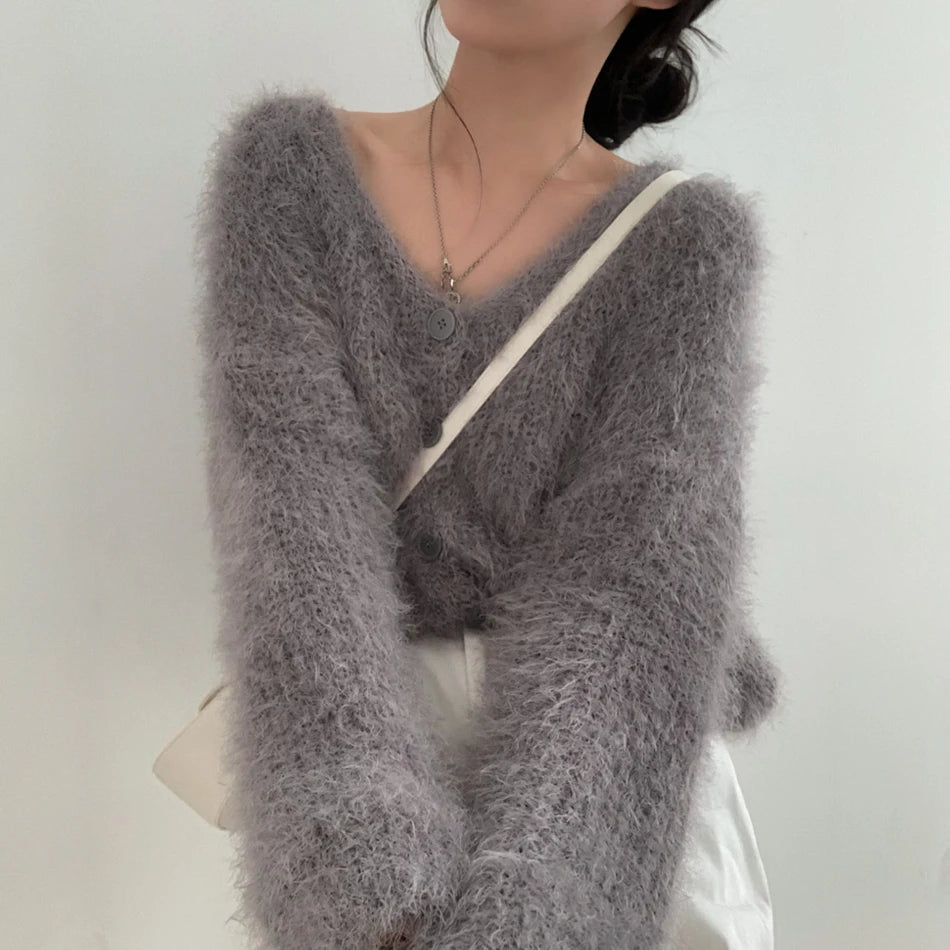 Chic V-Neck Knitted Sweater Coat for Women 🧥✨ Faux Fur Lazy Style Cardigan 💖 Autumn Winter Fashion Outerwear