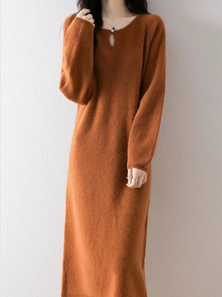 Loose Knitted Sweater Dress for Women – Round Neck Long Sleeve Casual Autumn New Arrival Elegant Fashion Dress