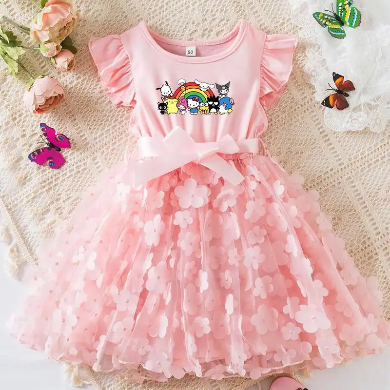 Hello Kitty Girls Tulle Flower Princess Dress | Wedding & Party Tutu Dress | Sleeveless Birthday Gift Outfit