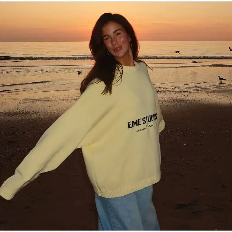 2025 Women’s Oversize Knitted Top | Full Sleeve Round Neck Pleated Loose Sweater | Autumn Daily Streetwear