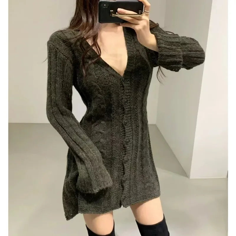 Autumn Casual Knitted Mini Dress – Elegant Slim Fit Long Sleeve Party Sweater Dress for Women | Korean Fashion V-Neck