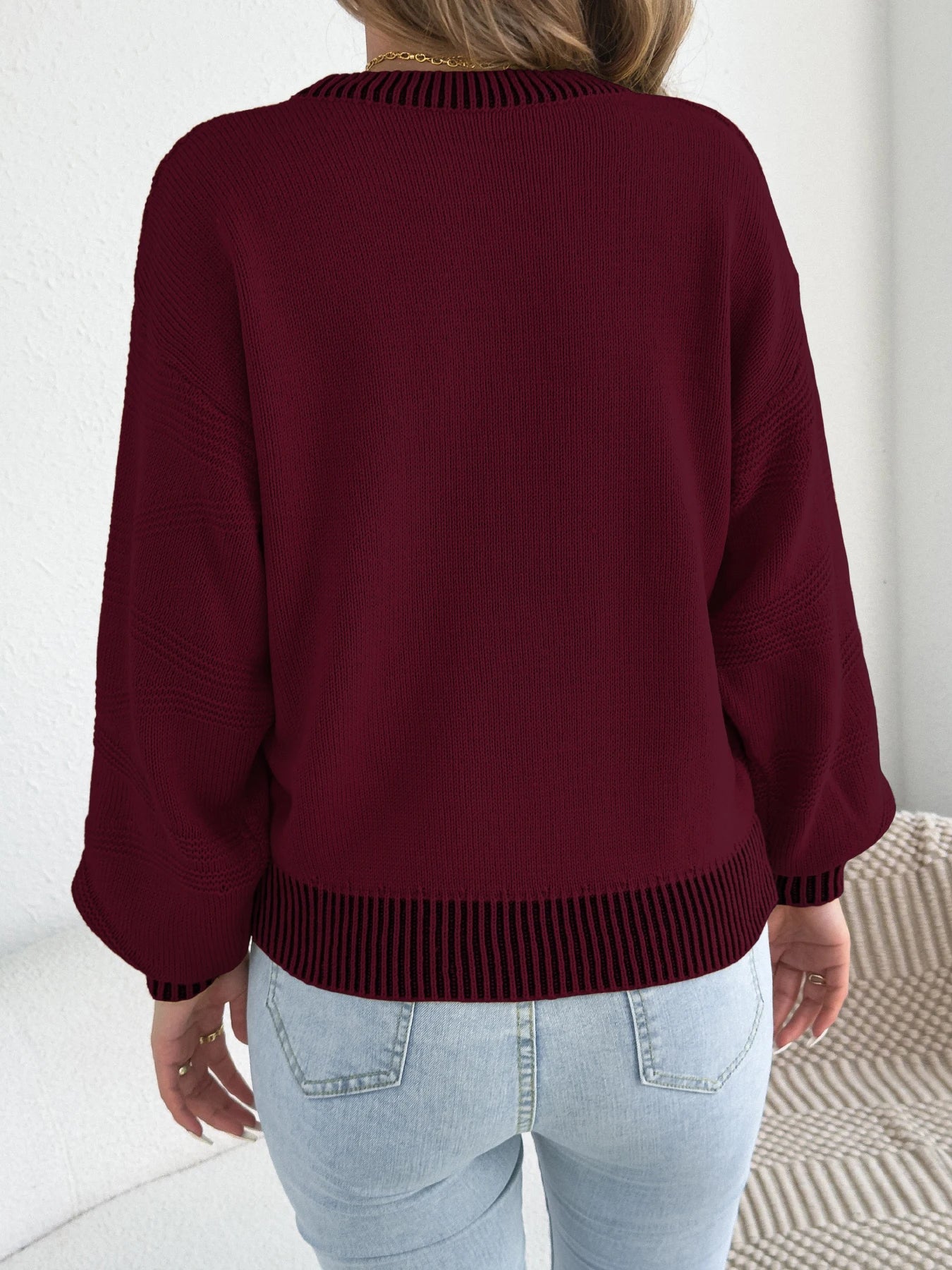 2025 Women’s Autumn Winter Round Neck Striped Sweater – Lantern Sleeve Knitted Pullover