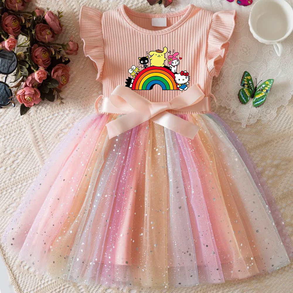 ✨ Hello Kitty Girls Sequins Dress 🎀 Rainbow Tulle Princess Dress 🌈 Toddler Birthday Party Outfit 👧 Ages 1–5 Years