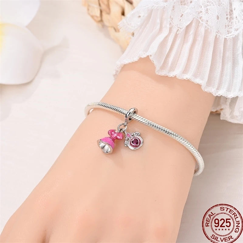 925 Sterling Silver Romantic Princess Charm Beads – Pink Dress, Lipstick & Dancing Shoes Fit 3MM Bracelet