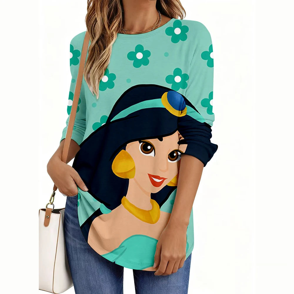 Disney Princess Print Women’s Long Sleeve Shirt – Casual Weekend Holiday Loose Elegant Top 👑✨