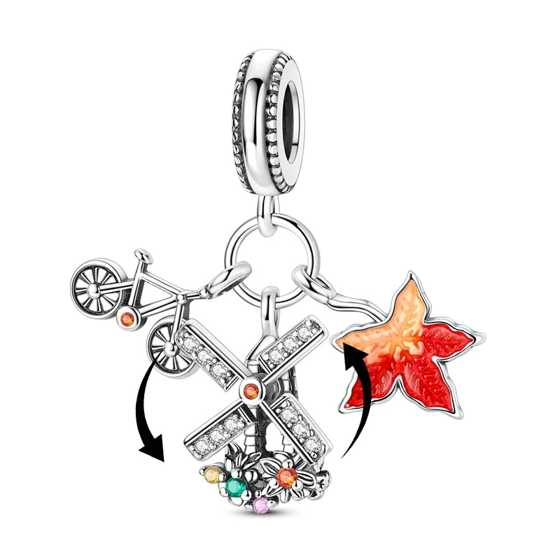 925 Sterling Silver Autumn Windmill Crane Charm Bead Fit Pandora Bracelet & Necklace