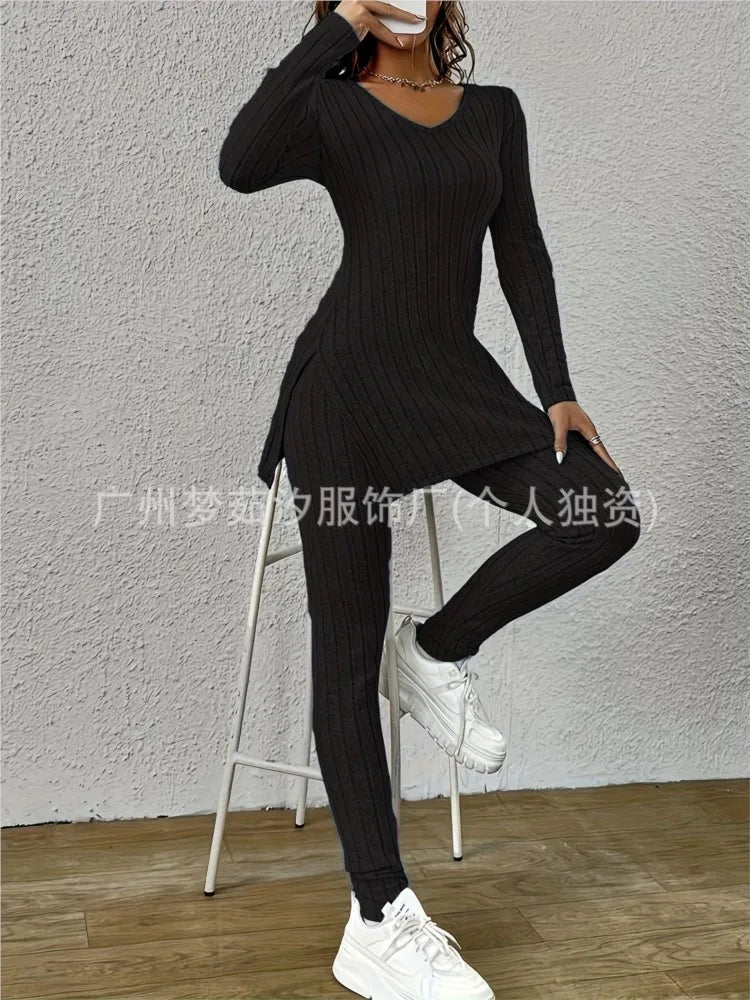 Women’s Knitted 2-Piece Set 🌸 V-Neck Pullover & Trousers Spring/Autumn ✨