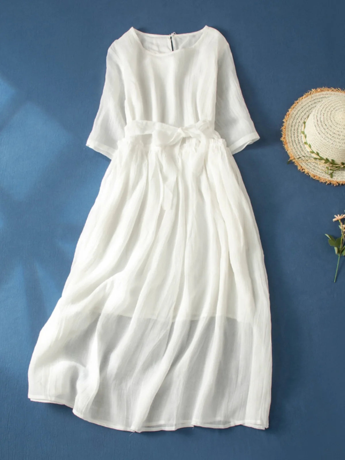 Women’s Summer Lightweight Cotton Dress – Long Sleeve Loose Waist A-Line Retro Dress with Belted Splice