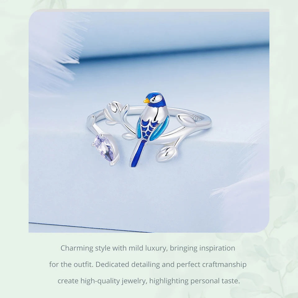 BISAER 925 Sterling Silver Floral Bird Open Ring | Adjustable White Gold Plated Flower Band for Women – Fine Party Jewelry