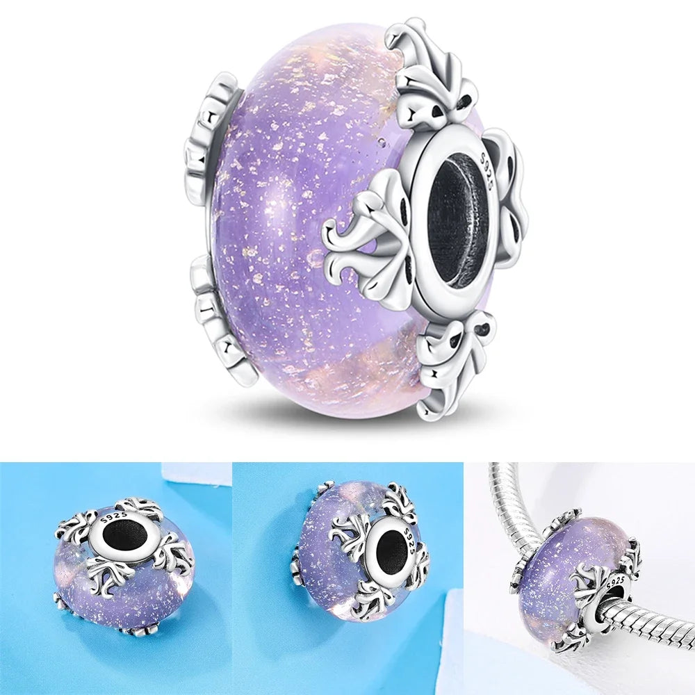 2025 Classic 925 Sterling Silver Colored Flower & Leaf Murano Glass Charm Beads | DIY Bracelet