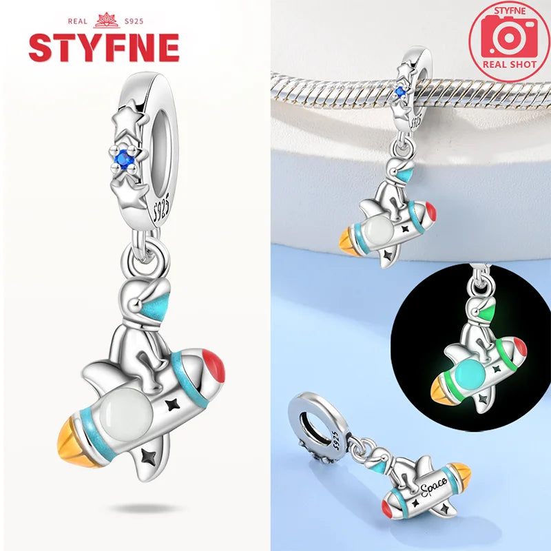 925 Sterling Silver Luminous Rabbit Astronaut Spaceship Charm – Fits Original Bracelet DIY Jewelry Gift for Women