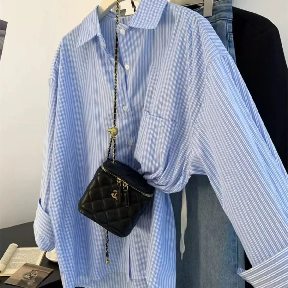 Retro Lazy Style Blue Striped Women’s Long Sleeve Shirt | Spring Autumn Design Sense Outerwear Blouse