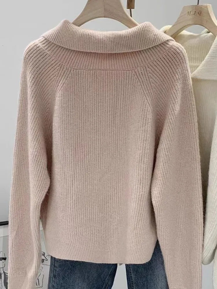 Pink Lazy Korean Style Big Collar Sweater – Women’s Autumn Winter Slim Soft Knitted Top | Sweet Loose Fit Versatile Knit