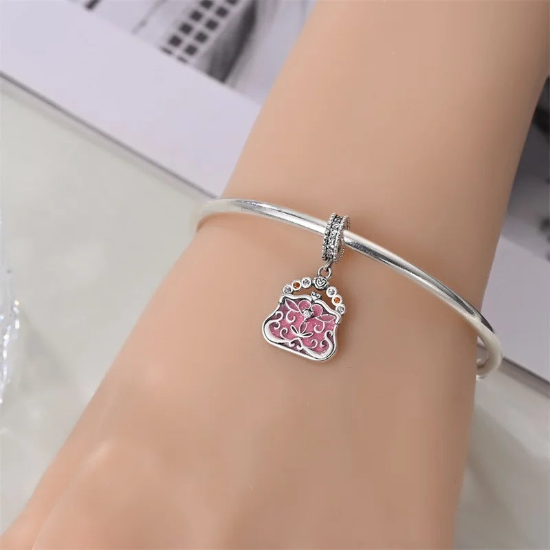 925 Silver Plated Magic Mirror Princess Angel Pink Charm Beads | Fits Original Pan 925 Bracelet | Exquisite DIY Jewelry