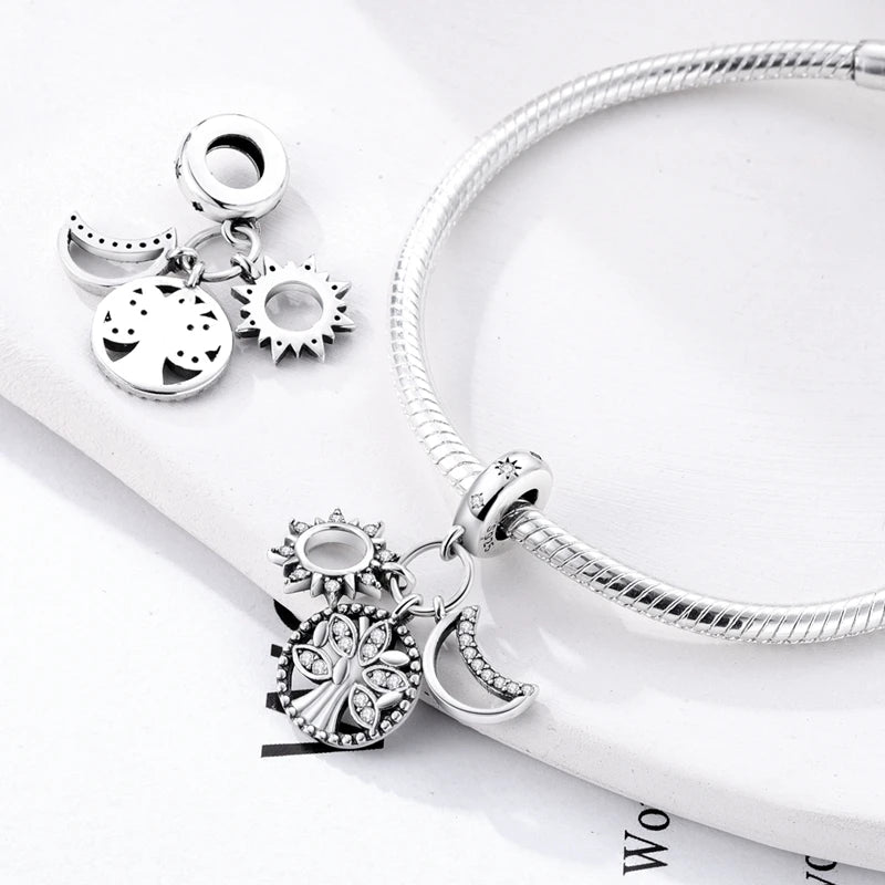 925 Sterling Silver Star, Moon & Heart Safety Chain | CZ Beads Angel Wing Charm for Original Bracelet DIY Jewelry