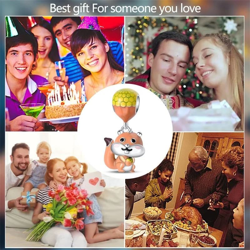 925 Sterling Silver Squirrel & Maple Leaf Charm | Shiny Zircon Autumn Beads Fit Pandora Bracelet DIY Jewelry