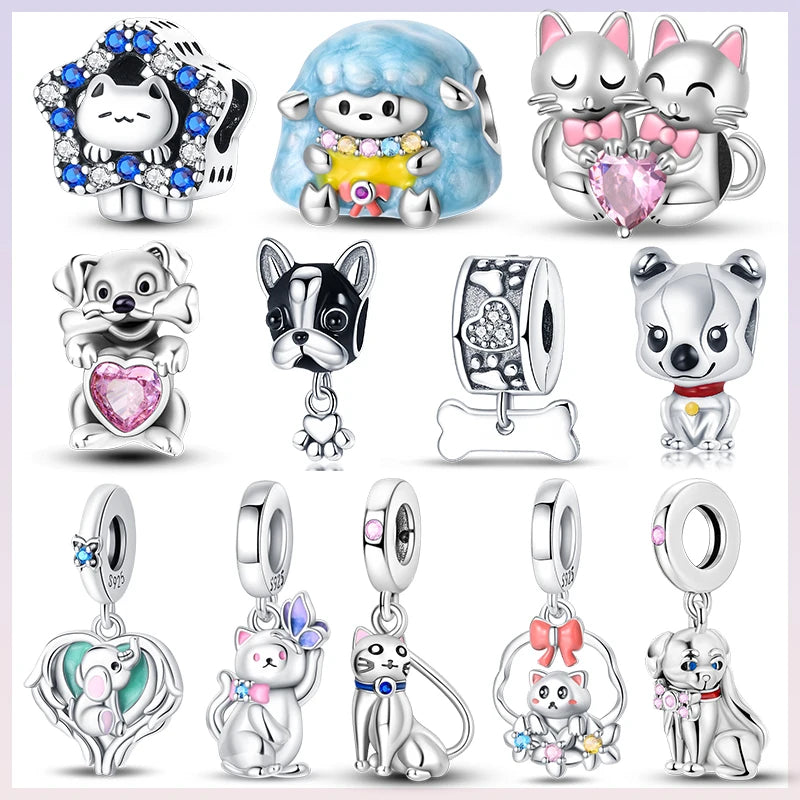 Cute Pet Kitten Puppy Sheep Charms | Fit 925 Original Pandora Bracelets | Colorful Zircon Beads DIY Jewelry Gift
