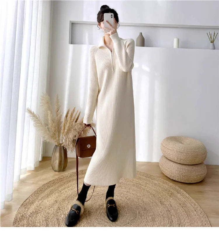 Autumn Winter High Collar Knitted Dress for Women – Loose Fit Long Sleeve Straight Tube Casual Warm Outfit