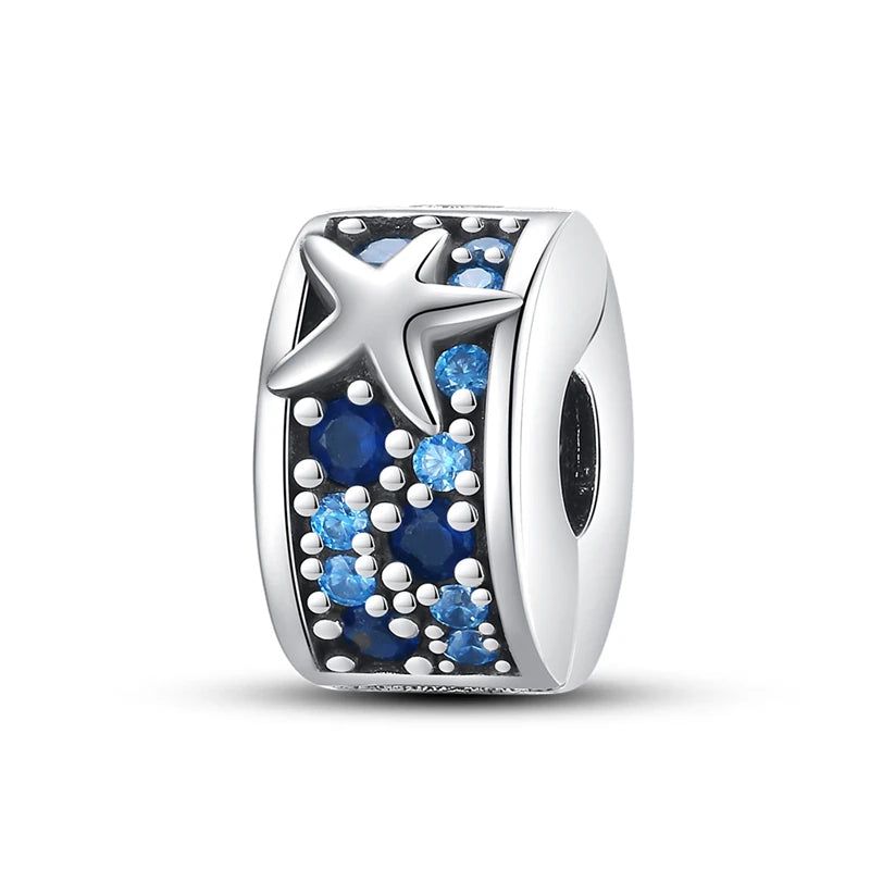 925 Sterling Silver Pave Clip Charms with Safety Chain | Colored Beads Stopper Clasp Fit Original Pandora Bracelet Jewelry