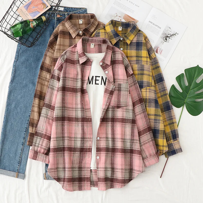 Women’s Plaid Shirt | Spring Autumn Long Sleeve Blouse | Casual Cotton Checkered Top