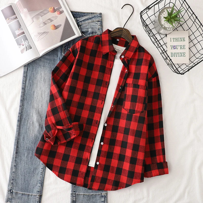 Women’s Plaid Shirt | Spring Autumn Long Sleeve Blouse | Casual Cotton Checkered Top