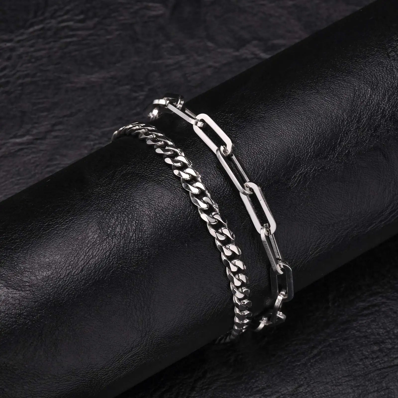 2PCS Men’s Chain Bracelets – Silver, Gold & Black Stainless Steel Twisted Rope Cuban Chain