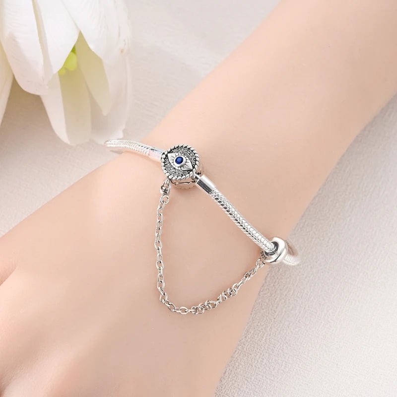 925 Sterling Silver Evil Eye Bracelet with Hand of Fatima | Blue Zircon Protection Charm Jewelry for Women