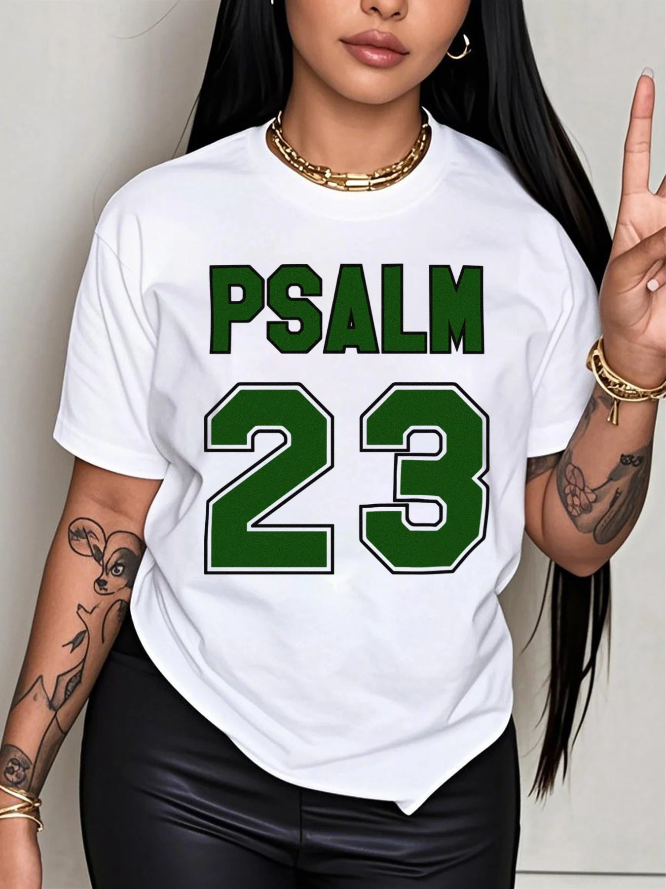 Women’s Psalm 23 Oversized Jersey T-Shirt – Casual Short Sleeve Round Neck Tee with Bold Green Lettering