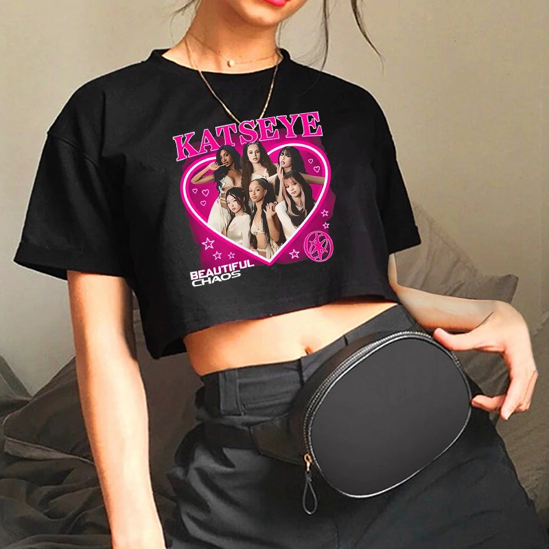 Sexy Graphic Crop Top for Women – Gothic Y2K 90s Korean Style Katseye Print Cropped T-Shirt